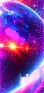 Vibrant galaxy wallpaper with neon cosmic elements and stars.