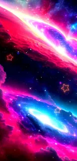 Bright cosmic galaxy wallpaper with pink and blue hues in space.