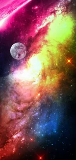 Vibrant cosmic galaxy wallpaper with colorful nebula and moon.