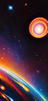 Cosmic galaxy wallpaper with vibrant planetary scene and radiant sun.