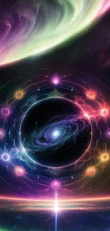 Vibrant cosmic wallpaper with galaxy design and colorful nebulae.