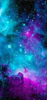 Purple and blue galaxy wallpaper with vibrant nebulae and stars.