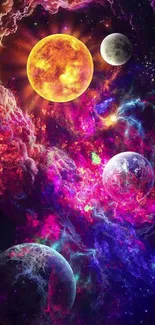 Vibrant cosmic galaxy wallpaper with planets and nebula.