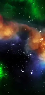 Vibrant cosmic galaxy wallpaper with greens, blues, and fiery shades.