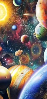 Vibrant cosmic wallpaper with colorful planets and stars.