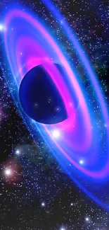 Purple and blue galaxy wallpaper with cosmic light rings.