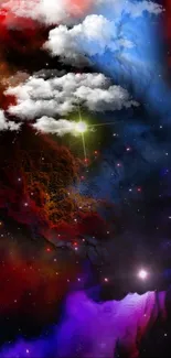 Vibrant cosmic wallpaper with swirling nebulas, stars, and clouds in various colors.