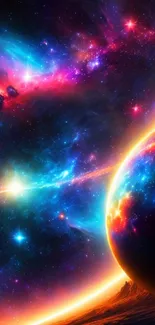 Vibrant cosmic wallpaper with colorful galaxy and glowing planets.