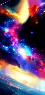 Vibrant cosmic galaxy wallpaper with bright colors and celestial design.