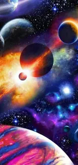 Colorful space wallpaper with vibrant planets and stars.