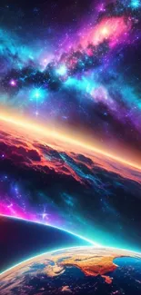 Vibrant galaxy wallpaper with colorful nebulae and starry skies.