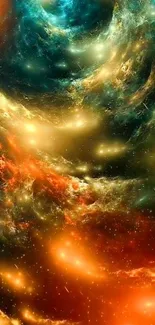 Vibrant cosmic galaxy wallpaper with swirling colors and celestial patterns.