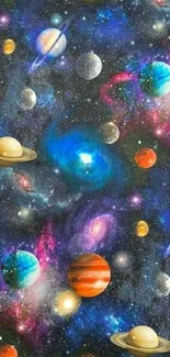 Colorful cosmic wallpaper with planets and nebulas.