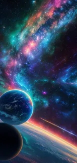 Vibrant cosmic galaxy wallpaper with planets and nebula.