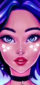 Cosmic girl with starry face art in vibrant purple hues.