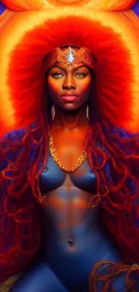 Vibrant cosmic goddess art with orange and blue hues.