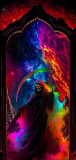 Colorful grim reaper with rainbow scythe in cosmic scene.