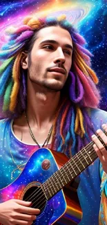 Colorful cosmic guitarist with galaxy background.