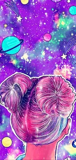 Vibrant cosmic-themed wallpaper with colorful hair and galaxy elements.