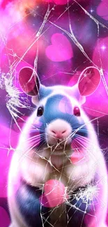 Cosmic hamster with pink, purple hues and broken glass effect on wallpaper.