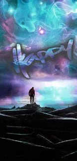 Vibrant cosmic scene with happy text and a lone figure gazing at celestial skies.