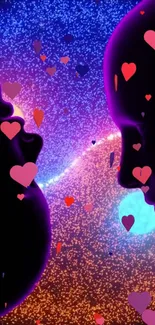 Colorful cosmic wallpaper with silhouettes and hearts.