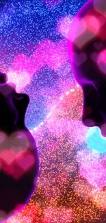 Colorful silhouette of faces with heart motifs in a cosmic setting.