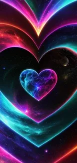 Colorful cosmic heart wallpaper with neon hues and galaxy background.