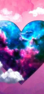 Colorful cosmic heart with pink clouds wallpaper.