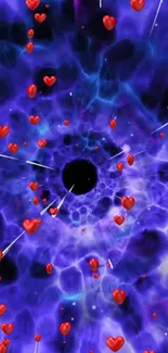 Vibrant purple cosmic vortex with floating red hearts.