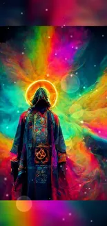 Cosmic hooded figure with vibrant neon colors and halo effect.