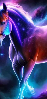 Vibrant cosmic horse surrounded by galaxy elements and stunning colors.