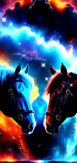 Vibrant cosmic wallpaper with two colored horses and nebula hues.