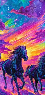 Vibrant cosmic wallpaper with galloping horses in a colorful celestial sky.