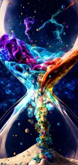 Vibrant hourglass with cosmic swirls and particles on dark background.