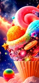 Vibrant cosmic ice cream with stars and swirls in colorful design.