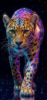 A vibrant jaguar with colorful lights against a starry cosmic backdrop.