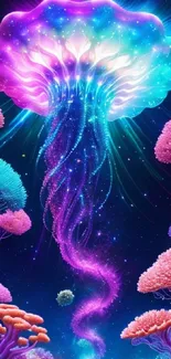 Vibrant cosmic jellyfish art with colorful underwater scenery.