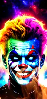 Vibrant cosmic Joker with colorful galaxy backdrop.