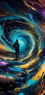 Person journeying through vibrant cosmic vortex wallpaper.