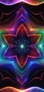 Vibrant cosmic kaleidoscope wallpaper with colorful geometric patterns.