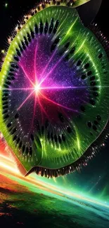 A vibrant kiwi slice resembling a galaxy in a colorful cosmic scene.