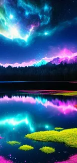 Vibrant cosmic landscape with aurora and serene lake reflections.