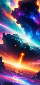 Vibrant cosmic landscape art with colorful clouds and a stunning horizon.