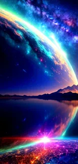 Vibrant cosmic landscape with galaxy and reflections.