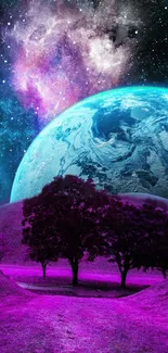 Vibrant cosmic landscape with pink land and a blue planet under a starry sky.