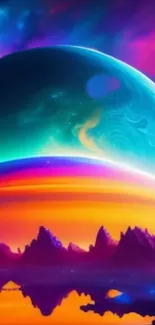 Vibrant cosmic landscape with planets and colorful mountains.