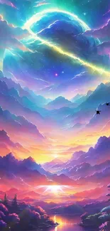 Vibrant fantasy landscape with celestial sky and colorful mountains.