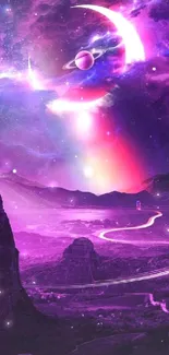 Vibrant cosmic landscape with a surreal purple sky and celestial elements.