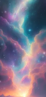 Vibrant cosmic landscape with colorful clouds and stars on mobile wallpaper.